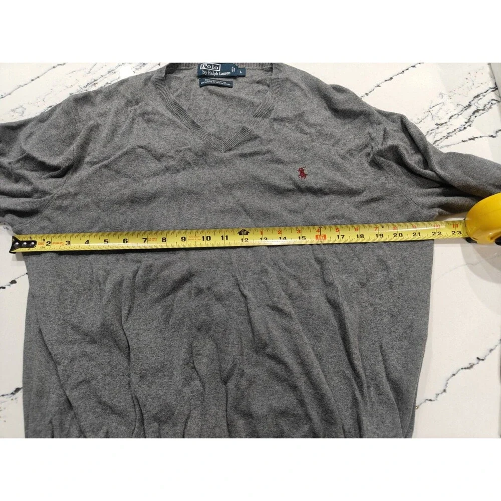 Polo Ralph Lauren V-Neck Sweater Large Grey Pima Cotton Pullover Knit Mens vtg
